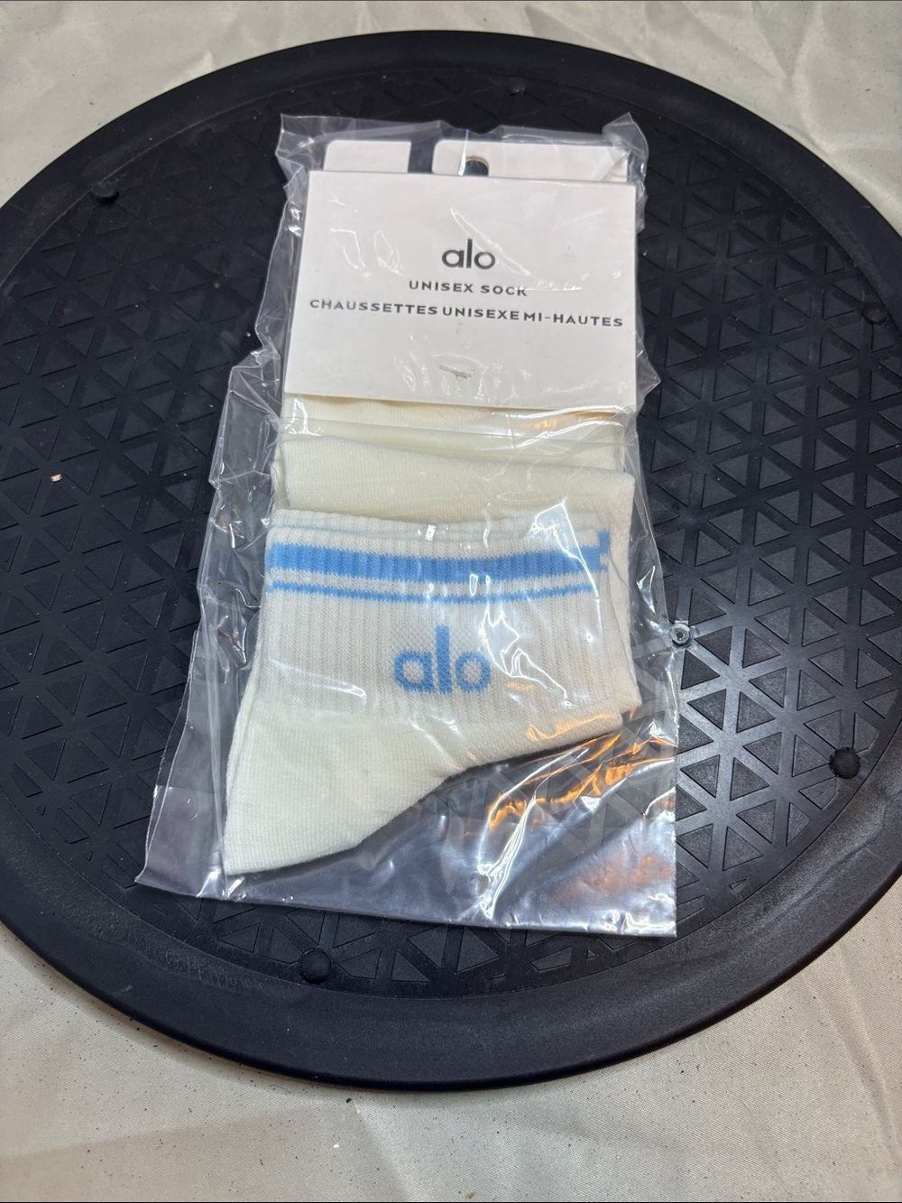 ALO Yoga Cream Ankle Socks with Light Blue Logo & Stripes